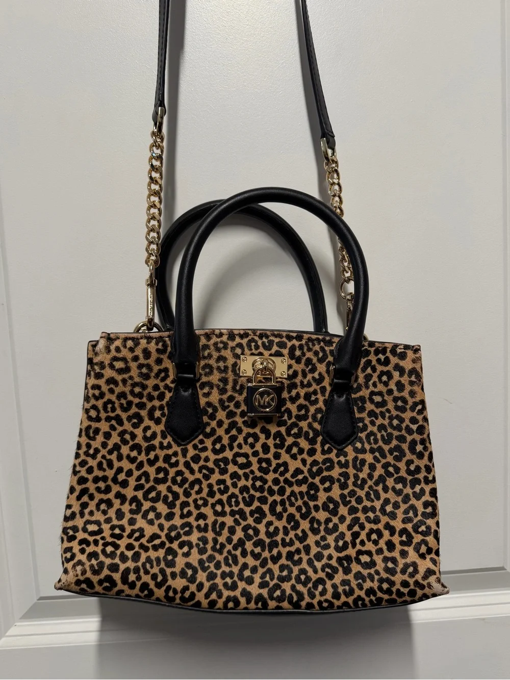 Michael Kors Hamilton Leopard Calf Hair Satchel Crossbody Bag Gold Hardware